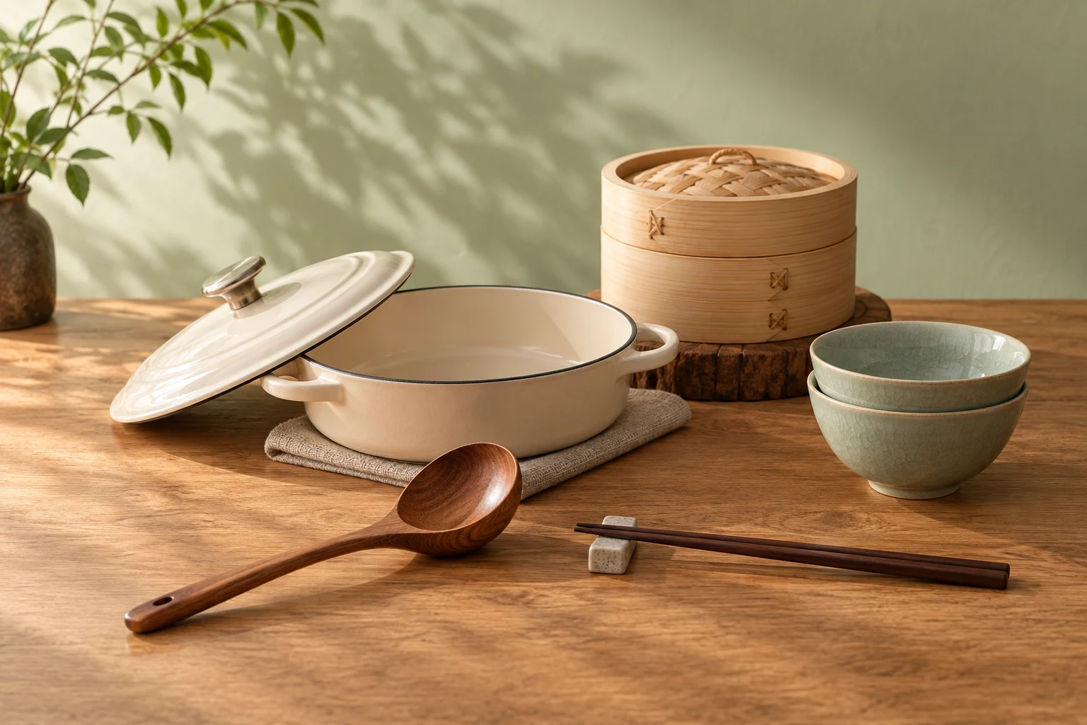Kitchen inspiration: cooking pot, bamboo steamer, ceramic bowls and wooden utensils