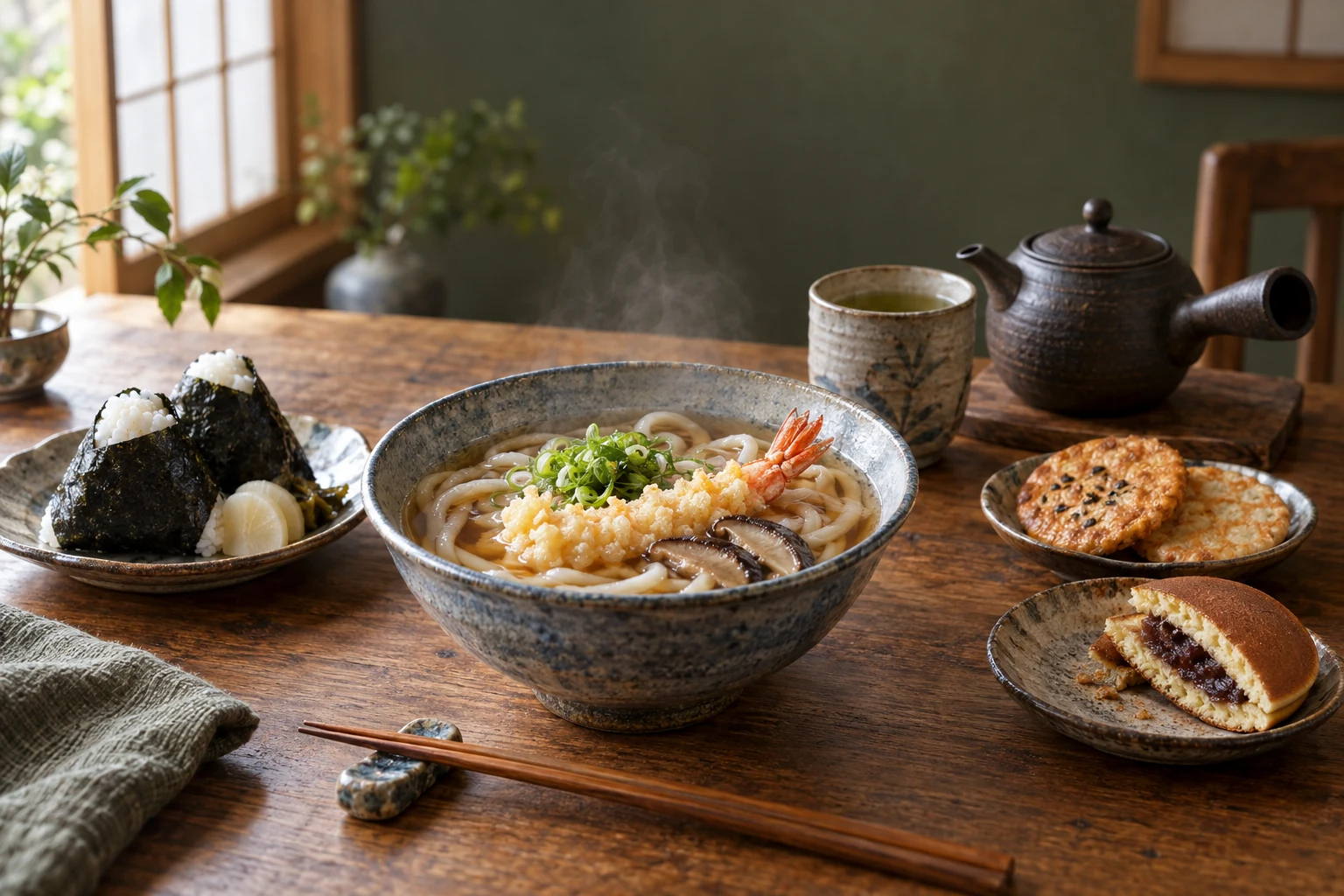 Japanese serving inspiration: udon, onigiri, green tea, rice crackers and ceramic tableware