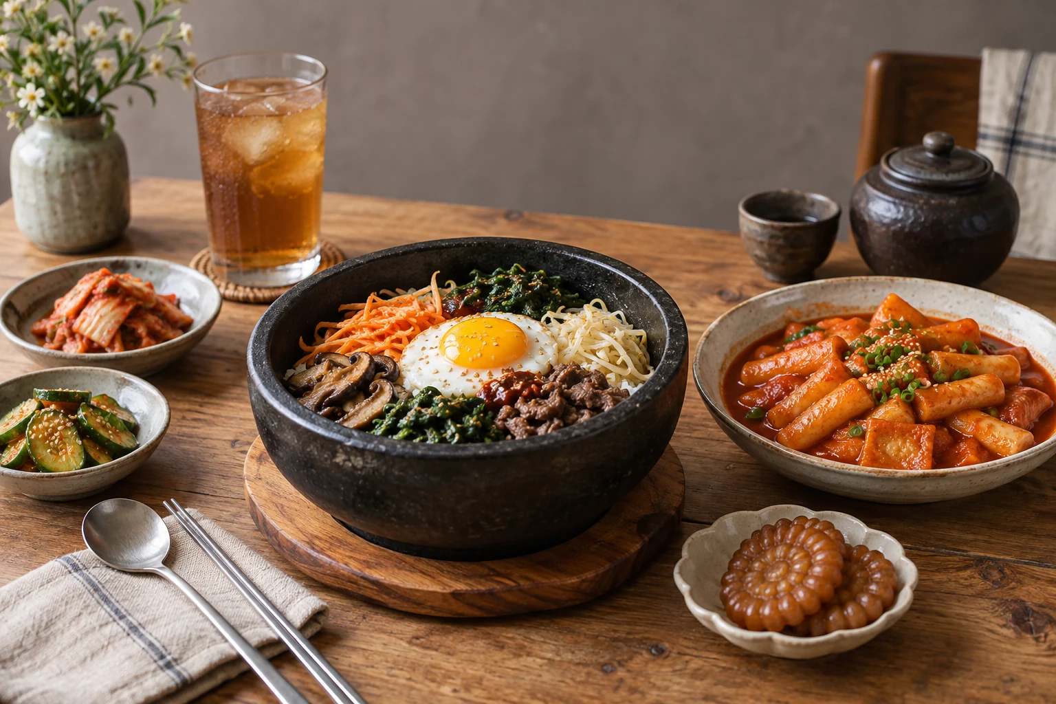 Korean serving inspiration: bibimbap, tteokbokki, kimchi, barley tea and Korean tableware
