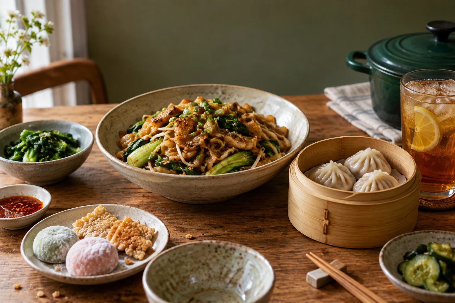 Serving inspiration: noodles, dumplings, iced tea, mochi and cookware on a shared table