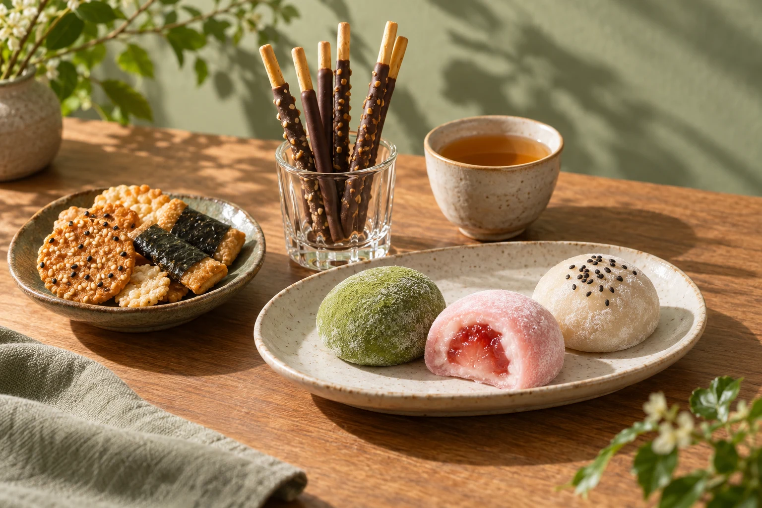 Serving inspiration: mochi, rice crackers and biscuits arranged for sharing